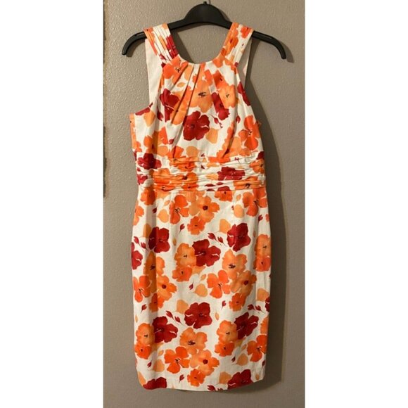 Adrianna Papell Dress Orange White Red 8 Stretch Sheath Sleeveless Floral Summer - Picture 9 of 9